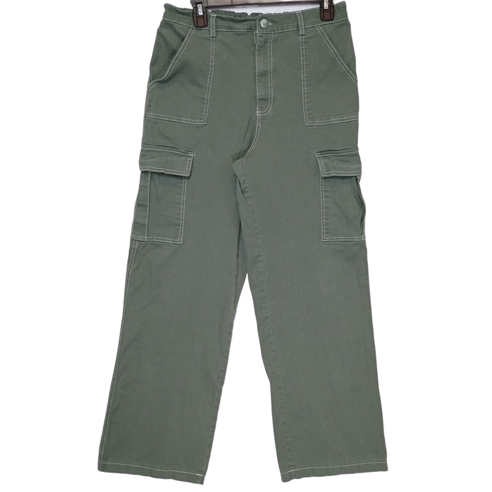 Orange Kiss Essentials Womens L Green Cargo Pants Utility Elastic Waist Wide Leg